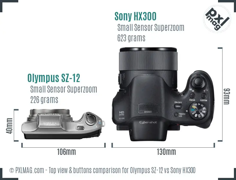 Olympus SZ-12 vs Sony HX300 top view buttons comparison