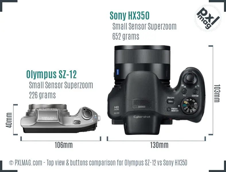 Olympus SZ-12 vs Sony HX350 top view buttons comparison