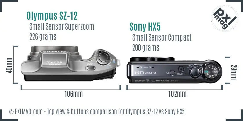 Olympus SZ-12 vs Sony HX5 top view buttons comparison