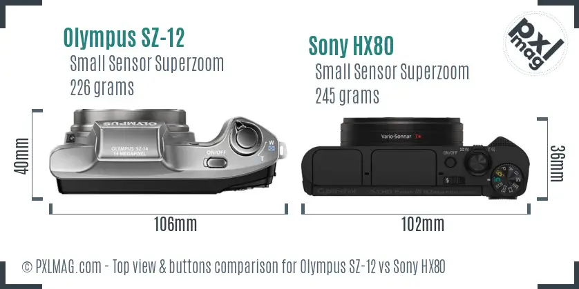 Olympus SZ-12 vs Sony HX80 top view buttons comparison