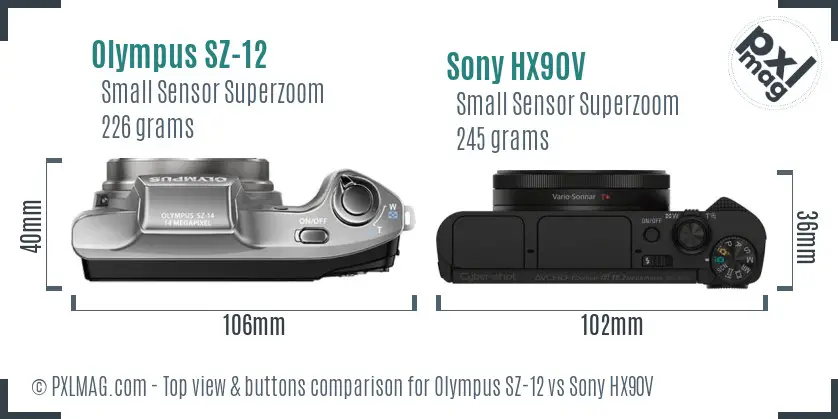 Olympus SZ-12 vs Sony HX90V top view buttons comparison
