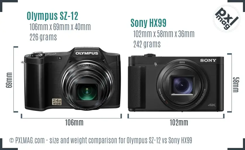 Olympus SZ-12 vs Sony HX99 size comparison