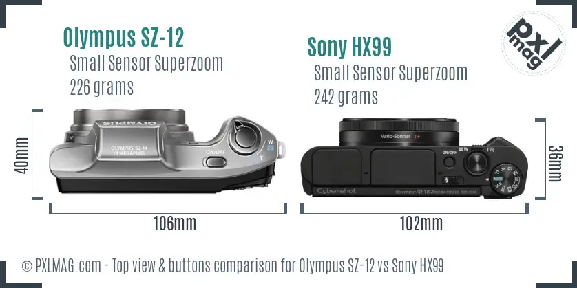 Olympus SZ-12 vs Sony HX99 top view buttons comparison