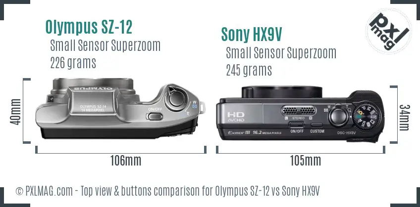 Olympus SZ-12 vs Sony HX9V top view buttons comparison