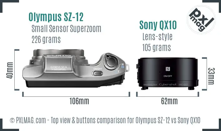 Olympus SZ-12 vs Sony QX10 top view buttons comparison