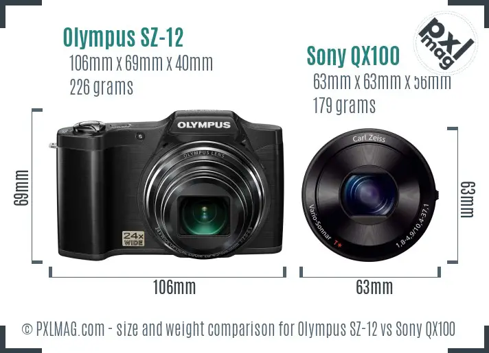 Olympus SZ-12 vs Sony QX100 size comparison