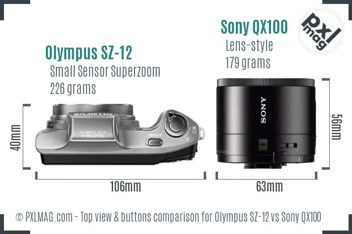 Olympus SZ-12 vs Sony QX100 top view buttons comparison