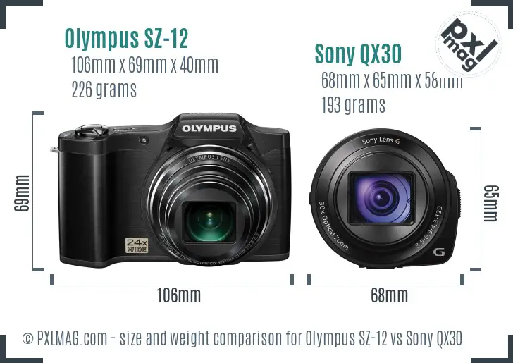 Olympus SZ-12 vs Sony QX30 size comparison