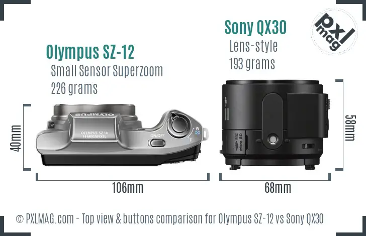 Olympus SZ-12 vs Sony QX30 top view buttons comparison