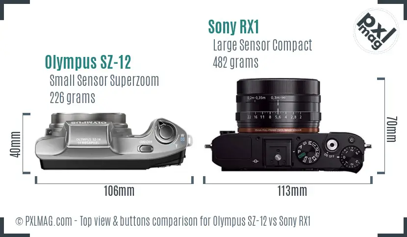 Olympus SZ-12 vs Sony RX1 top view buttons comparison