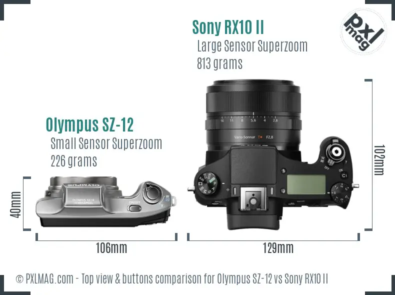 Olympus SZ-12 vs Sony RX10 II top view buttons comparison