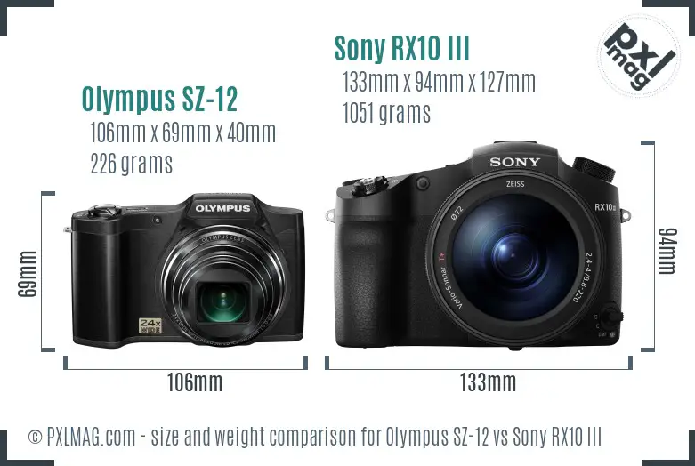 Olympus SZ-12 vs Sony RX10 III size comparison
