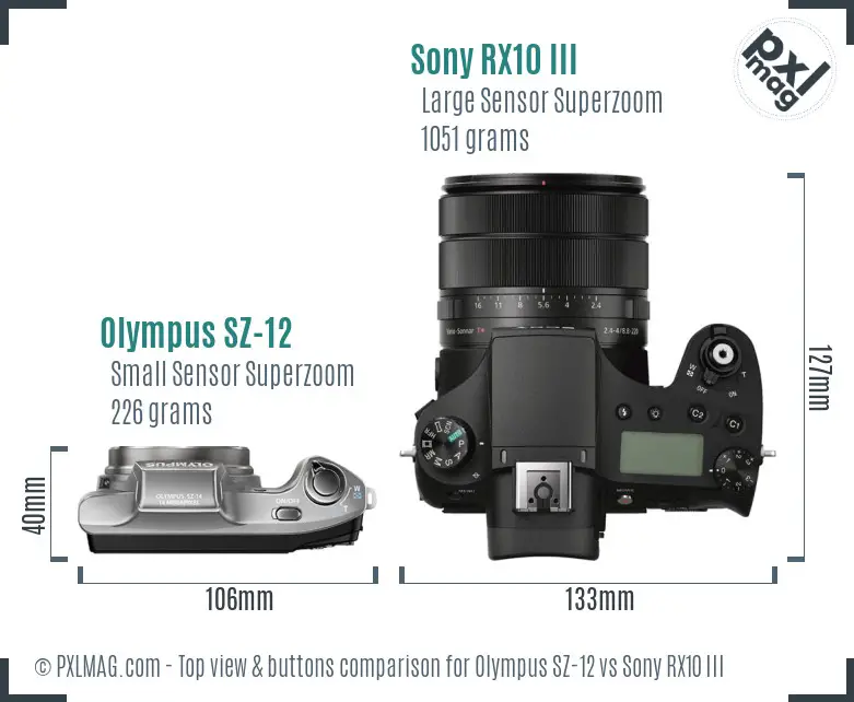 Olympus SZ-12 vs Sony RX10 III top view buttons comparison
