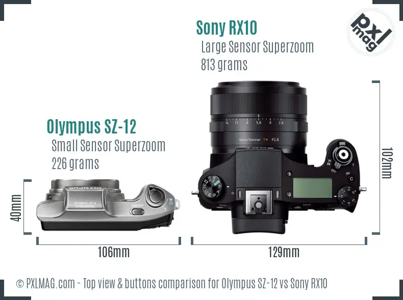 Olympus SZ-12 vs Sony RX10 top view buttons comparison