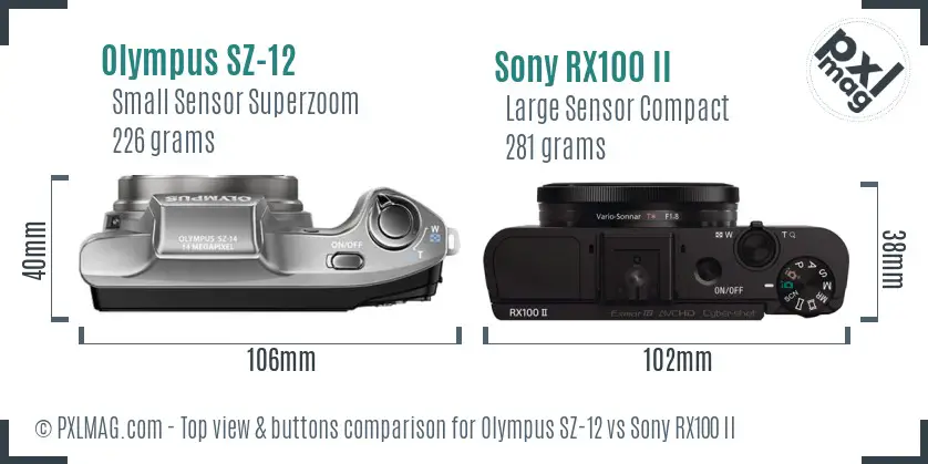 Olympus SZ-12 vs Sony RX100 II top view buttons comparison