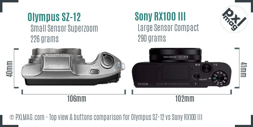 Olympus SZ-12 vs Sony RX100 III top view buttons comparison