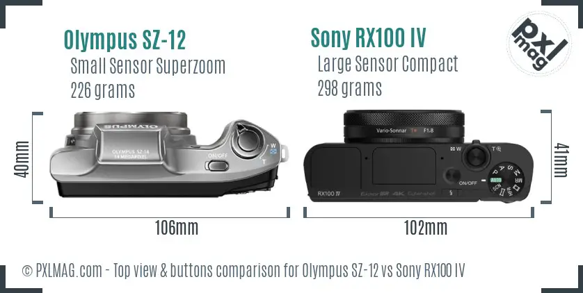 Olympus SZ-12 vs Sony RX100 IV top view buttons comparison