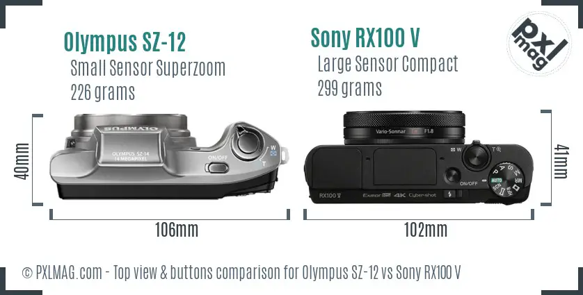 Olympus SZ-12 vs Sony RX100 V top view buttons comparison