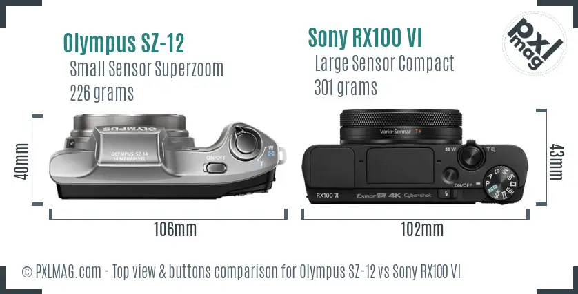 Olympus SZ-12 vs Sony RX100 VI top view buttons comparison
