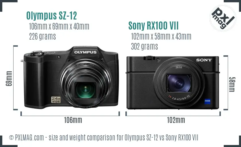 Olympus SZ-12 vs Sony RX100 VII size comparison