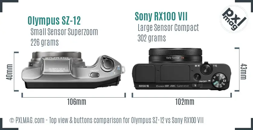 Olympus SZ-12 vs Sony RX100 VII top view buttons comparison