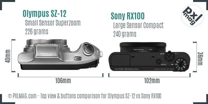Olympus SZ-12 vs Sony RX100 top view buttons comparison