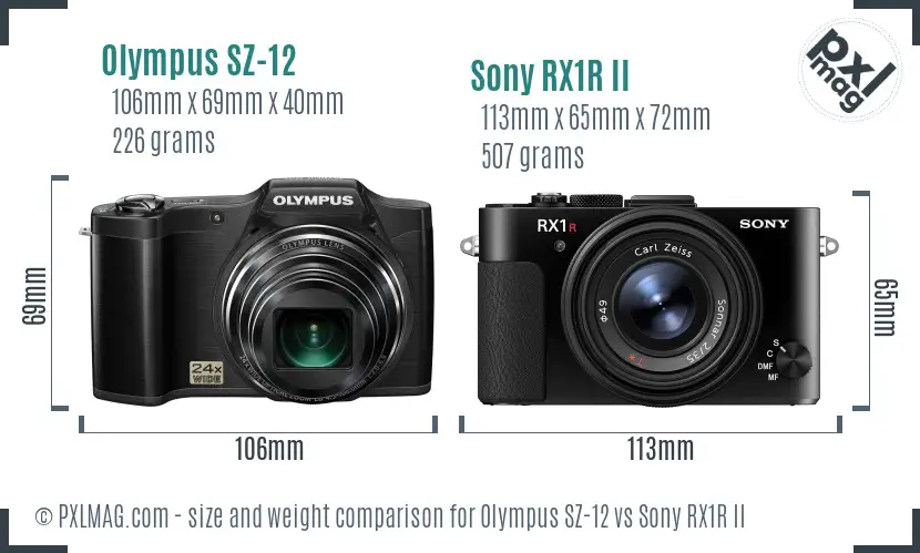 Olympus SZ-12 vs Sony RX1R II size comparison