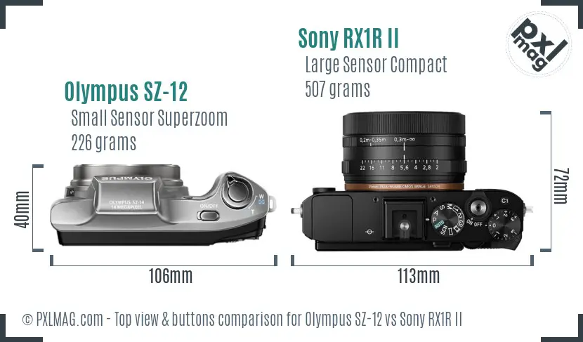 Olympus SZ-12 vs Sony RX1R II top view buttons comparison