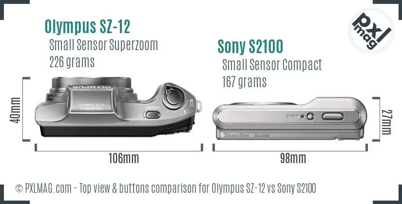 Olympus SZ-12 vs Sony S2100 top view buttons comparison