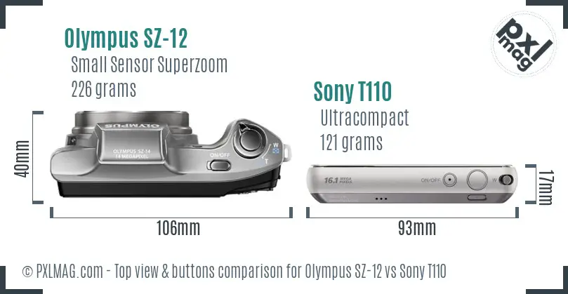 Olympus SZ-12 vs Sony T110 top view buttons comparison