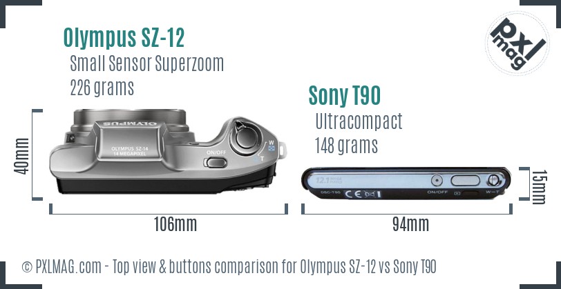 Olympus SZ-12 vs Sony T90 top view buttons comparison