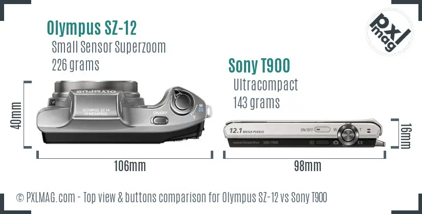 Olympus SZ-12 vs Sony T900 top view buttons comparison