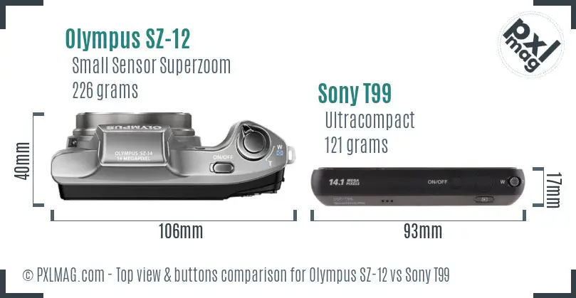 Olympus SZ-12 vs Sony T99 top view buttons comparison Olympus SZ-12 vs Sony T99 top view buttons comparison