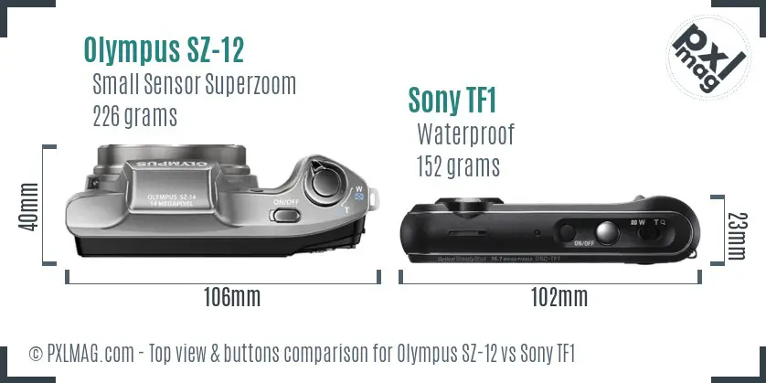 Olympus SZ-12 vs Sony TF1 top view buttons comparison