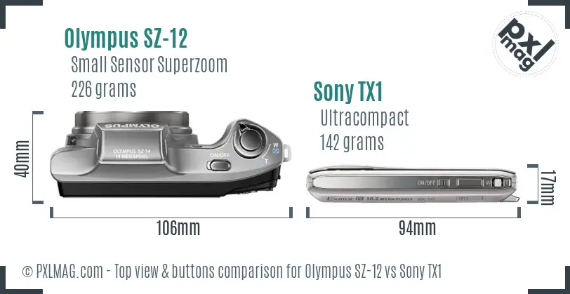 Olympus SZ-12 vs Sony TX1 top view buttons comparison