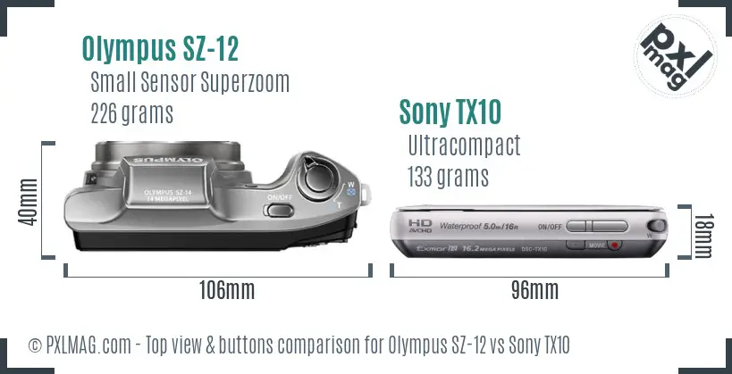 Olympus SZ-12 vs Sony TX10 top view buttons comparison
