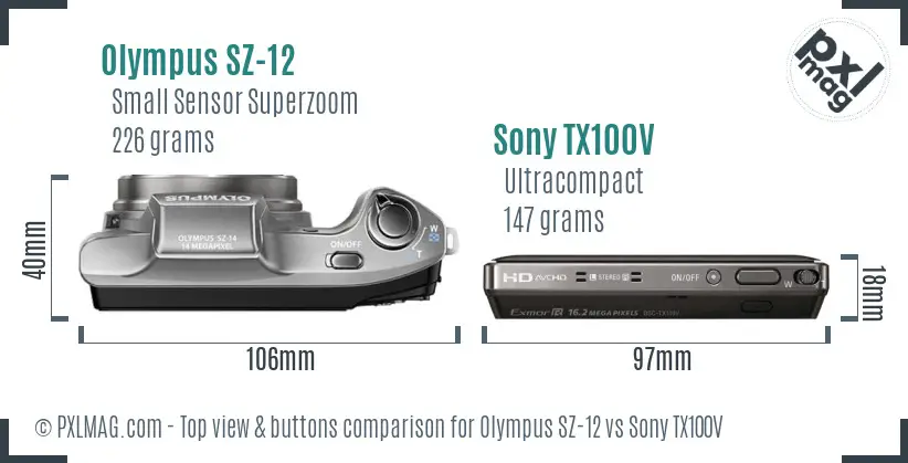 Olympus SZ-12 vs Sony TX100V top view buttons comparison