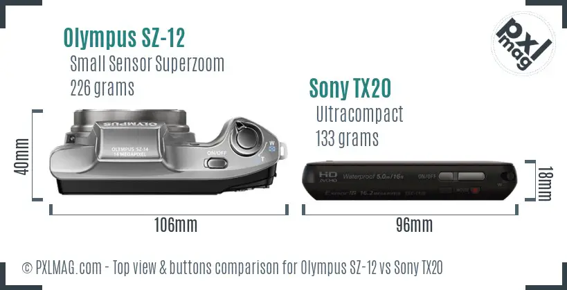 Olympus SZ-12 vs Sony TX20 top view buttons comparison