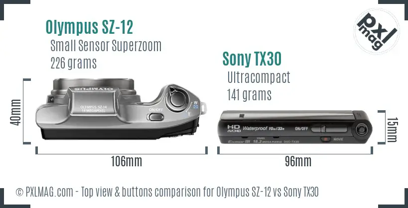 Olympus SZ-12 vs Sony TX30 top view buttons comparison