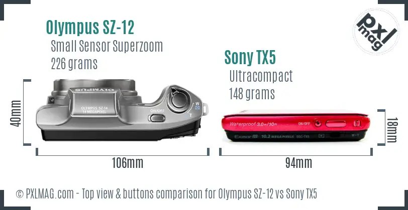 Olympus SZ-12 vs Sony TX5 top view buttons comparison