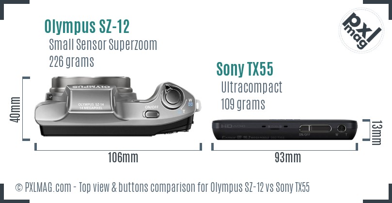 Olympus SZ-12 vs Sony TX55 top view buttons comparison