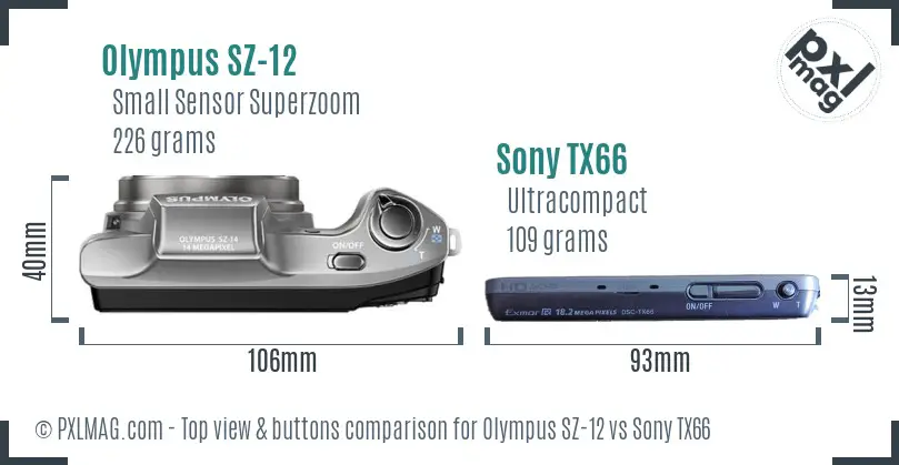 Olympus SZ-12 vs Sony TX66 top view buttons comparison