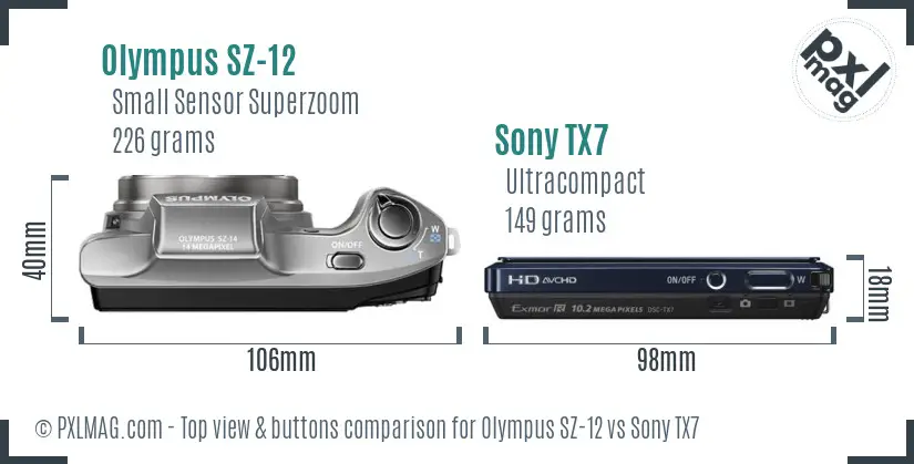 Olympus SZ-12 vs Sony TX7 top view buttons comparison