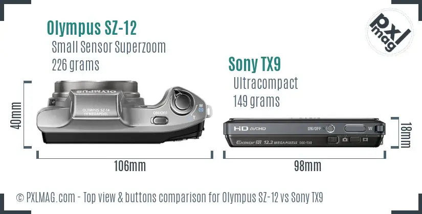 Olympus SZ-12 vs Sony TX9 top view buttons comparison