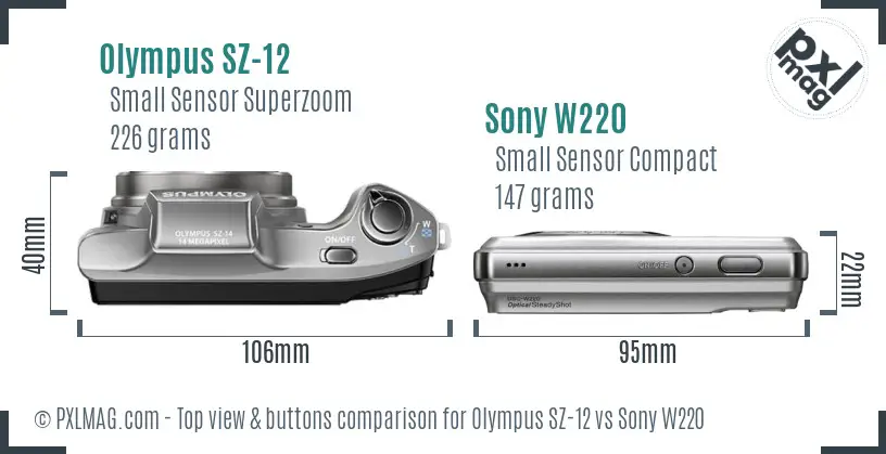 Olympus SZ-12 vs Sony W220 top view buttons comparison