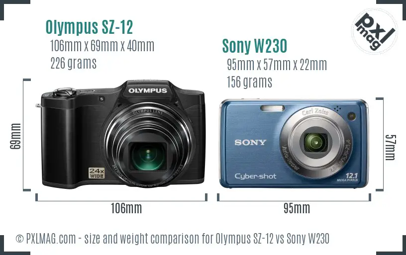 Olympus SZ-12 vs Sony W230 size comparison