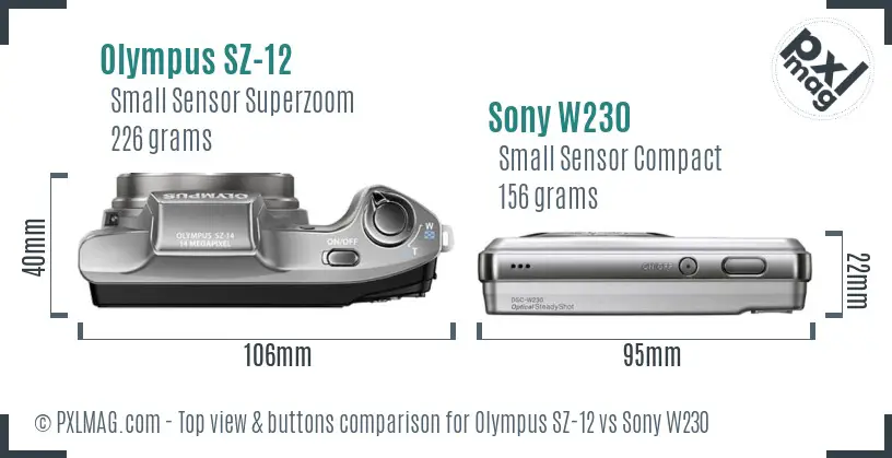 Olympus SZ-12 vs Sony W230 top view buttons comparison