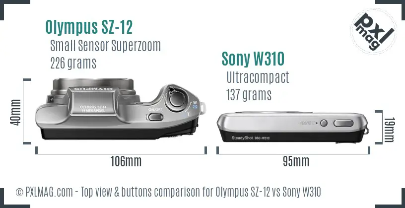 Olympus SZ-12 vs Sony W310 top view buttons comparison