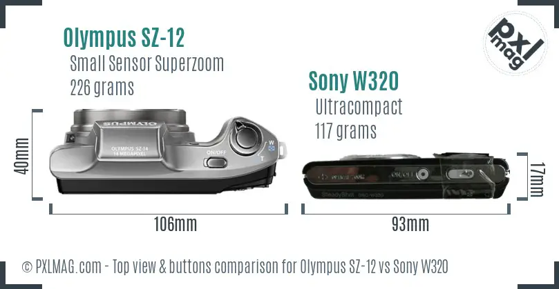 Olympus SZ-12 vs Sony W320 top view buttons comparison