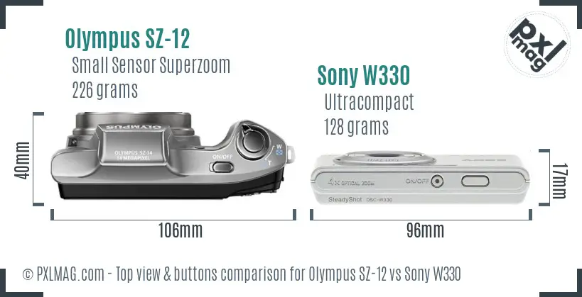 Olympus SZ-12 vs Sony W330 top view buttons comparison